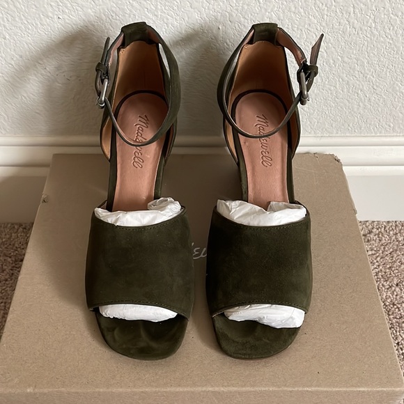 Madewell Green Suede Ankle Strap Open Toe Block Heels - Picture 3 of 7